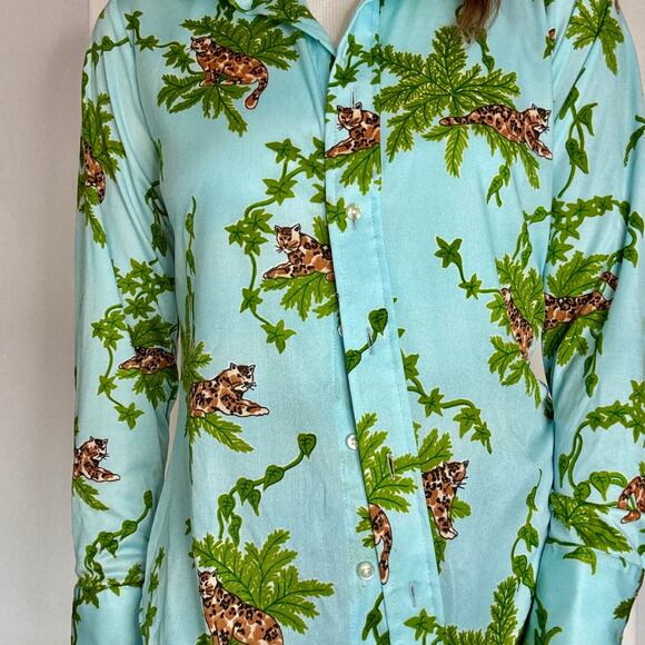 Vintage 1970s Cheetah Jungle Leopard Print Button Up Blouse Long Sleeve AS IS - Picture 8 of 12